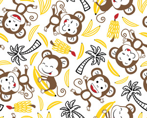 seamless pattern vector with funny monkey cartoon with bananas