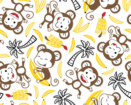 seamless pattern vector with funny monkey cartoon with bananas