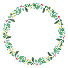 Fototapeta na wymiar Christmas Wreath with Round Frame for Cards Design Vector Layout with Copyspace Can be use for Decorative Kit, Invitations, Greeting Cards, Blogs, Posters, Merry Christmas and Happy New Year.