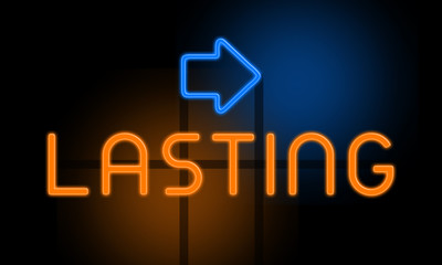 Lasting - orange glowing text with an arrow on dark background