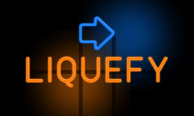 Fototapeta premium Liquefy - orange glowing text with an arrow on dark background
