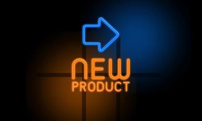New Product - orange glowing text with an arrow on dark background