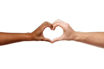 charity, love and diversity concept - close up of female and male hands of different skin color...