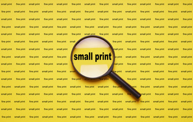 small print enlarged with magnifying glass magnifier loupe, business concept