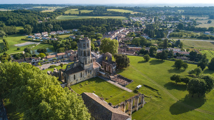 Fototapeta na wymiar Aerial view Abbey de la Sauve-Majeure, Route to Santiago de Compostela, France, UNESCO