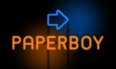 Paperboy - orange glowing text with an arrow on dark background