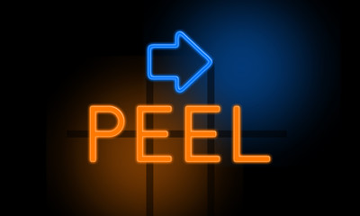 Peel - orange glowing text with an arrow on dark background