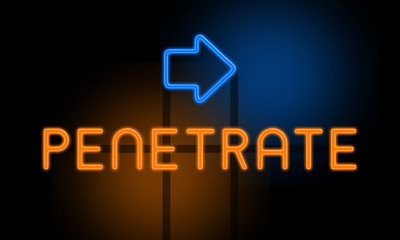 Penetrate - orange glowing text with an arrow on dark background