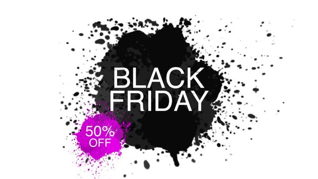 Black friday sale logo on abstract ink blots. Brush stroke transition background. Animation of paint splash in 4K. Banner or poster.