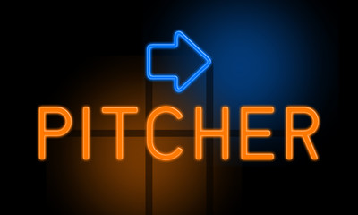Pitcher - orange glowing text with an arrow on dark background