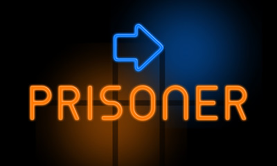 Prisoner - orange glowing text with an arrow on dark background