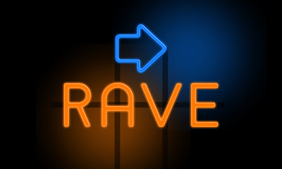 Rave - orange glowing text with an arrow on dark background