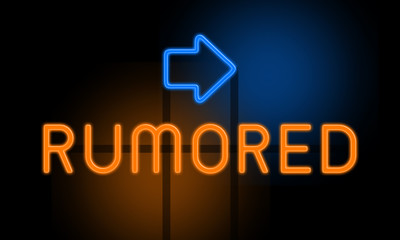 Rumored - orange glowing text with an arrow on dark background