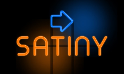 Fototapeta premium Satiny - orange glowing text with an arrow on dark background