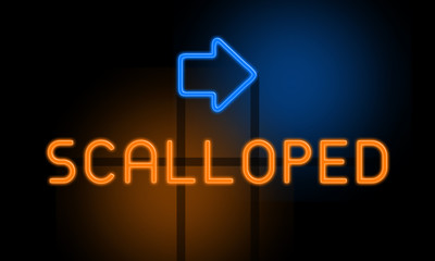 Scalloped - orange glowing text with an arrow on dark background