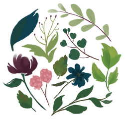 Set of floral branch bugundy marsala pink and navy blue flower vintage green leaves Wedding concept with flowers  arrangements for greeting card or invitation design