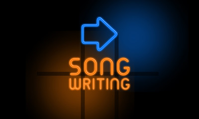 Song Writing - orange glowing text with an arrow on dark background