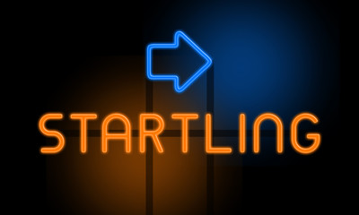 Fototapeta premium Startling - orange glowing text with an arrow on dark background
