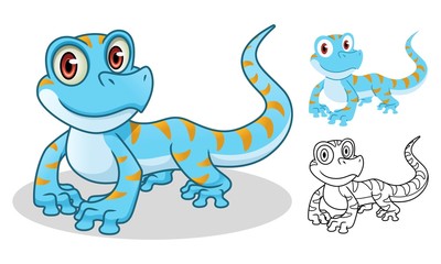 Gecko cartoon character mascot design, including flat and line art design, isolated on white background, vector clip art illustration.