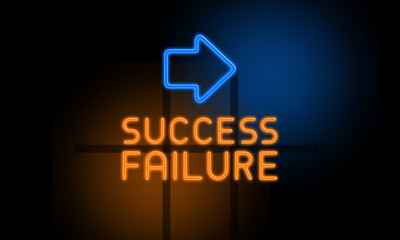 Success Failure - orange glowing text with an arrow on dark background