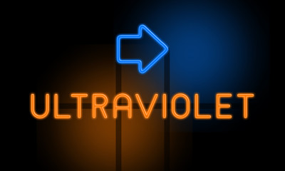 Fototapeta premium Ultraviolet - orange glowing text with an arrow on dark background