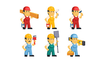 Builder workers in overalls with different tools set, construction staff cartoon characters vector Illustration on a white background