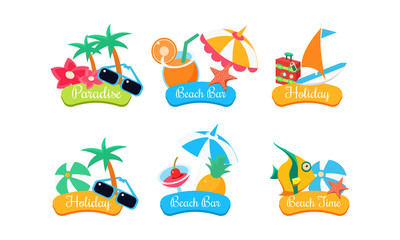 Summer travel logo template set, paradise, beach bar, holiday, beach time bright labels vector Illustration isolated on a white background
