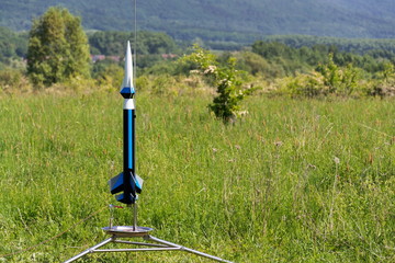 Rocket model prepare for takeoff launch, summer sunny day