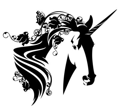 magic unicorn horse with rose flowers and butterfly in mane - black and white vector fairytale animal design