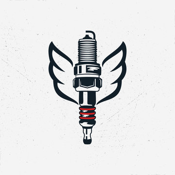 Spark plug with wings. Vintage hand drawn automobile tools. Sparking-plug in silhouette style. Stock isolated on white background