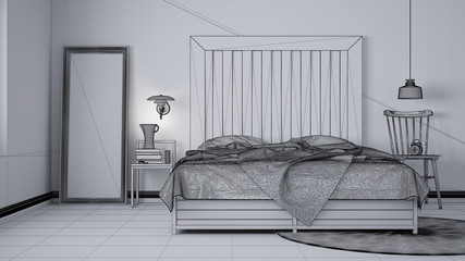 Unfinished project draft, contemporary bedroom, bed with wooden headboard, scandinavian white eco chic interior design