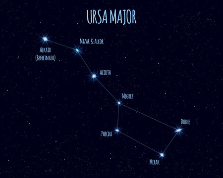 Ursa Major (Great Bear, Big Dipper) constellation, vector illustration with the names of basic stars against the starry sky