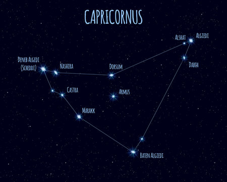 Capricornus (Capricorn) constellation, vector illustration with the names of basic stars against the starry sky