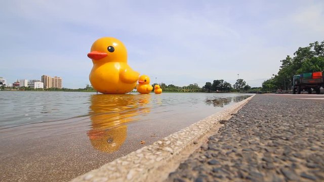 Big yellow duck and family , Landmark of Udon Thani province , Thailand
