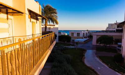 Sunset over the resort area of the Red Sea coast in Egypt. Holiday in Sharm El Sheikh
