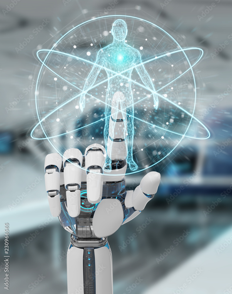 Aufkleber white robot hand scanning human body 3d rendering
