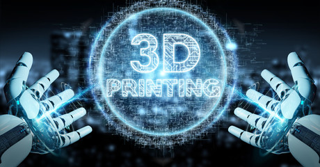 Robot white hand using 3D printing digital hologram 3D rendering