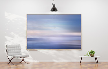 Large horizontal frame hanging on a white wall 3D rendering