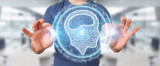 Businessman using digital artificial intelligence icon hologram 3D rendering