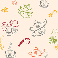 New year and christmas seamless pattern. Spruce, candy, teapot, cup, kettle, coffee, bells, decoration. Winter vector illustration. Festive, holiday background.