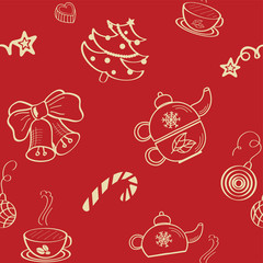 New year and christmas seamless pattern. Spruce, candy, teapot, cup, kettle, coffee, bells, decoration. Winter vector illustration. Festive, holiday background.