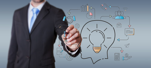 Businessman drawing thin line icon project plan presentation