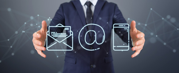 Businessman using thin line contact icon