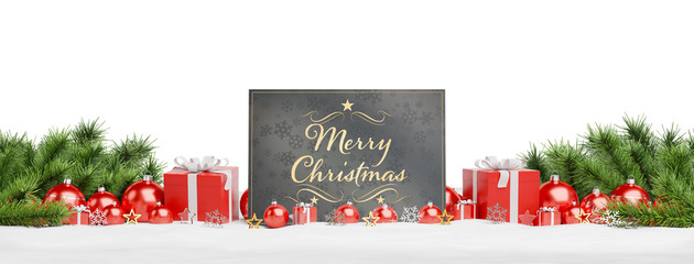 Christmas card laying on red baubles and gift d 3D rendering