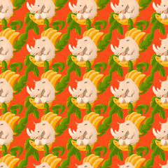 Obraz premium fantasy composition consisting of animals and plants. Rhino sits on bananas and is surrounded by leaves