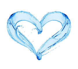Splashes of water in the shape of a heart. Сonceptual image on white background