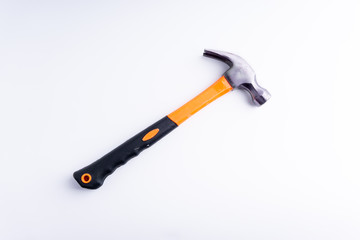 Hammer closeup on white background with selective focus and crop fragment