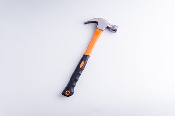 Hammer closeup on white background with selective focus and crop fragment