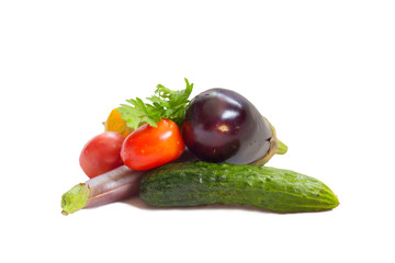 Still life from multi-colored vegetables on a white background. Eggplant, cucumber, tomato, pepper, greens