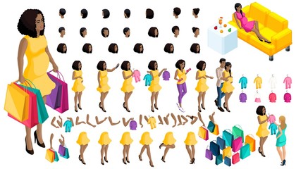 Quality Isometry pregnant African American girl. Set of hairstyles and emotions of a girl. Set of hands and feet in motion. Set of babies and clothes, create your own character